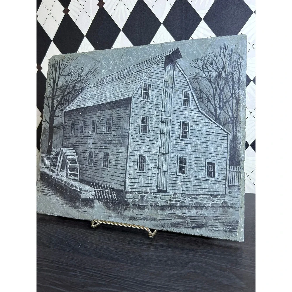 Historic Slate Rock Art The Saddle Rock Grist Mill Etched Colonial Landmark 14